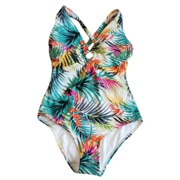 Shade & Shore Plunge Neck Tropical Swimsuit - Picture 2 of 10